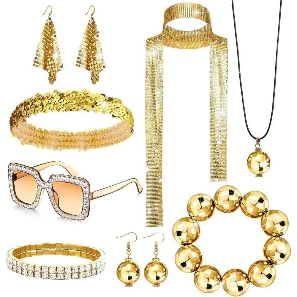 70s Disco Accessories Set Women's Sequin Scarf Earrings Sunglasses Jewelry